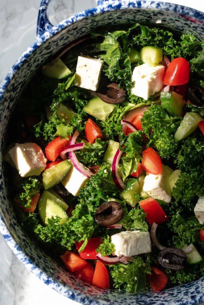 close up view of kale greek salad