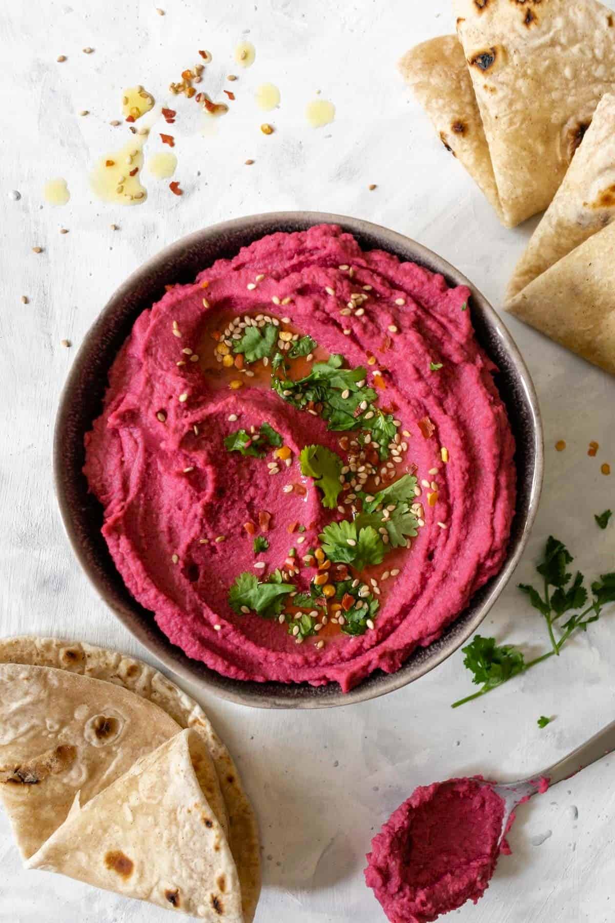 beetroot hummus in a bowl