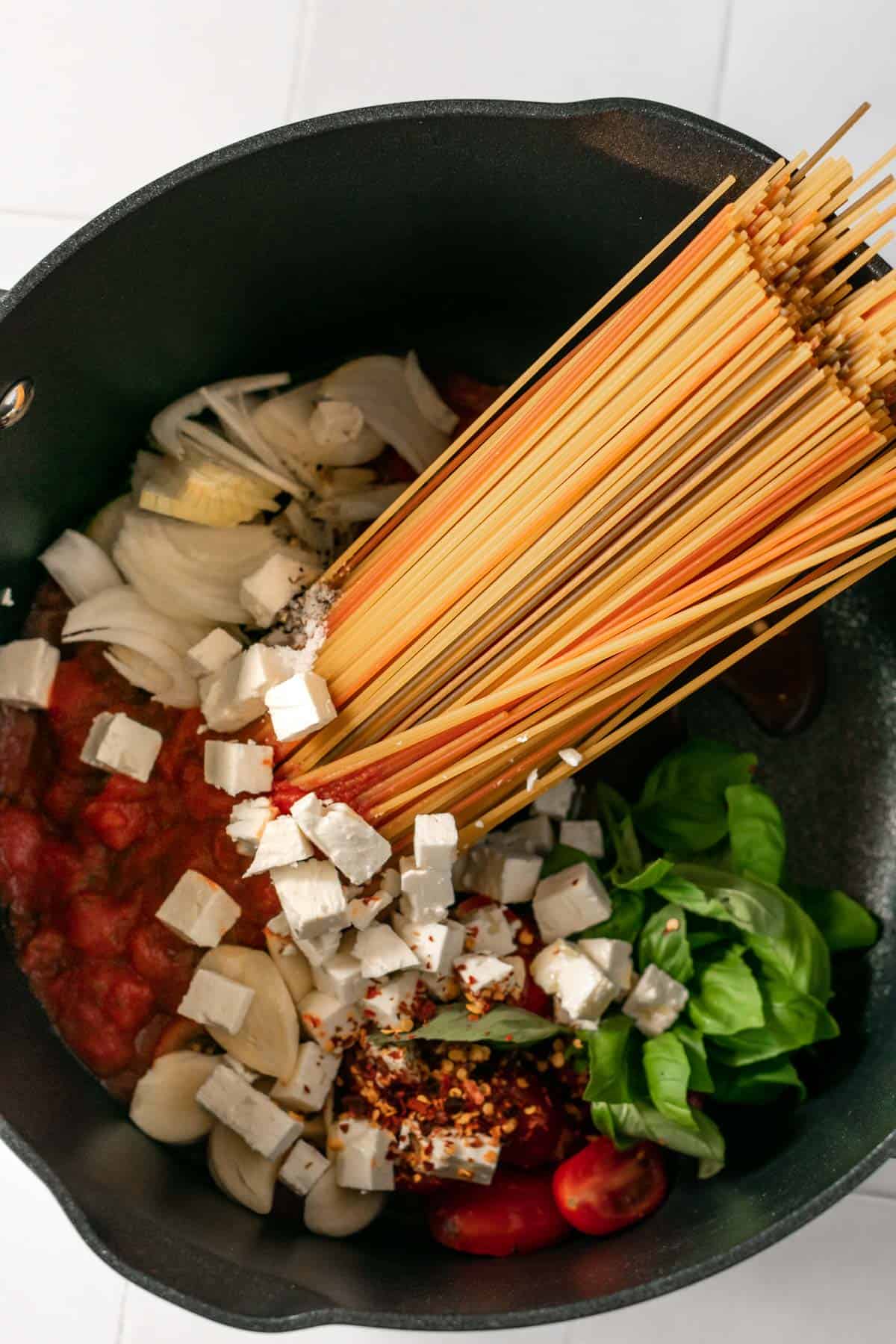 pasta ingredients in a pot
