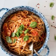 a pot of spaghetti with two forks in it