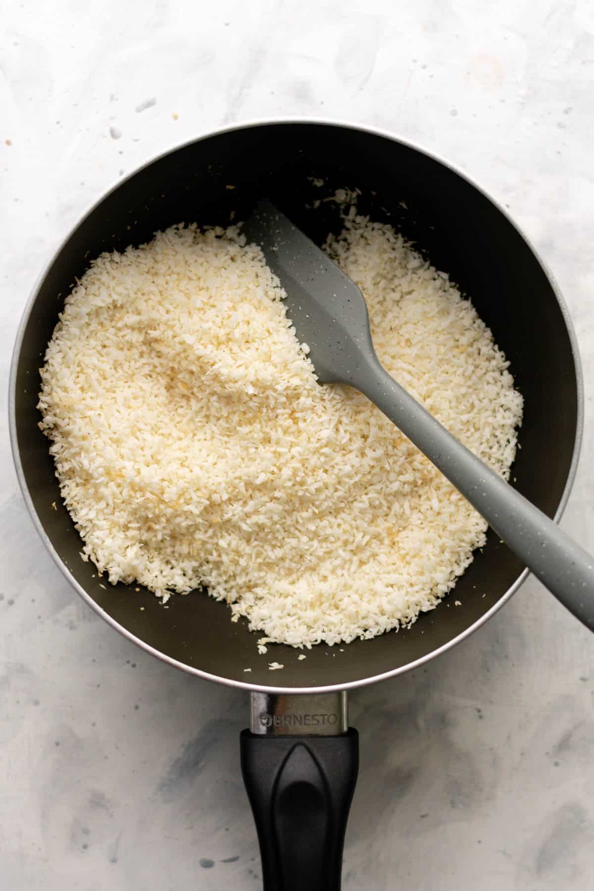 toasted desiccated coconut in a pan
