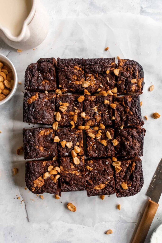 squares of peanut butter brownies