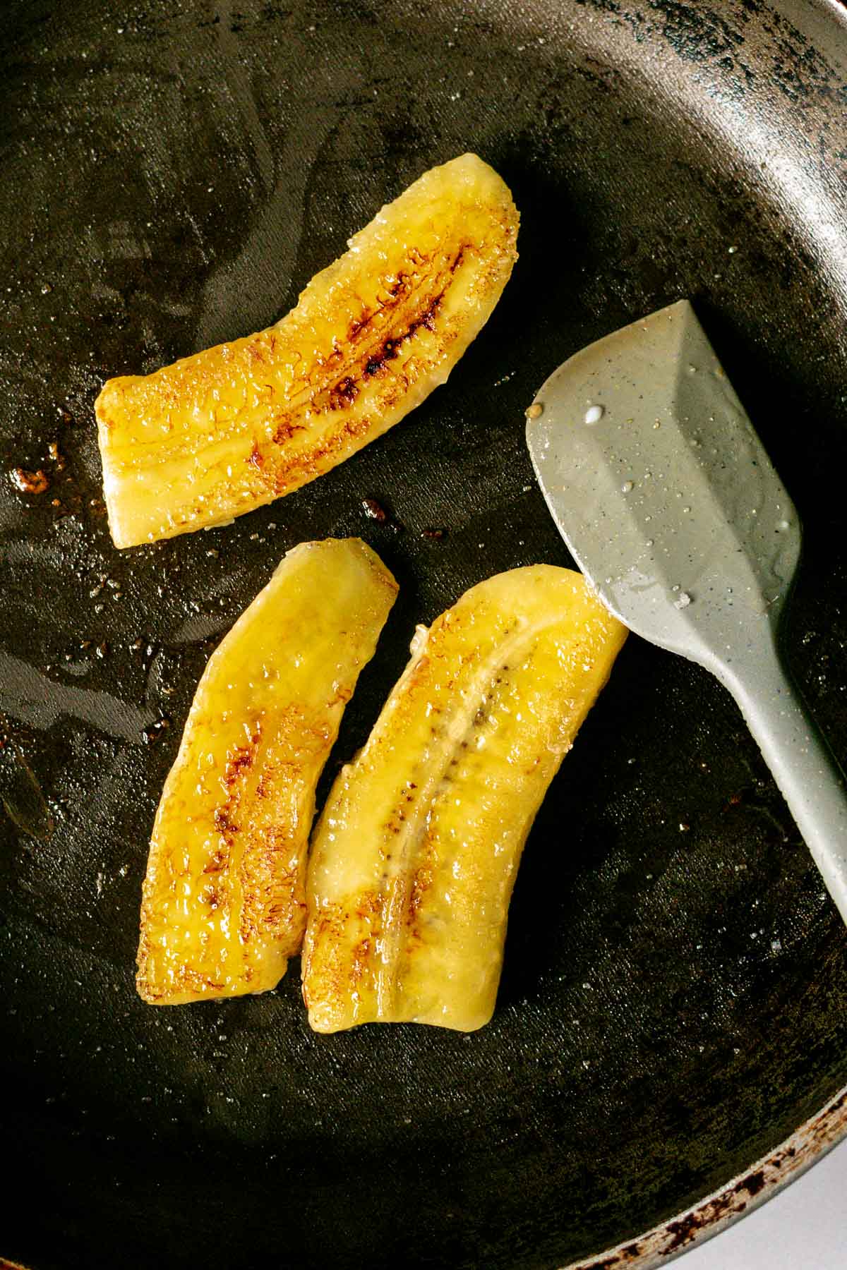 caramelised bananas in a frying pan