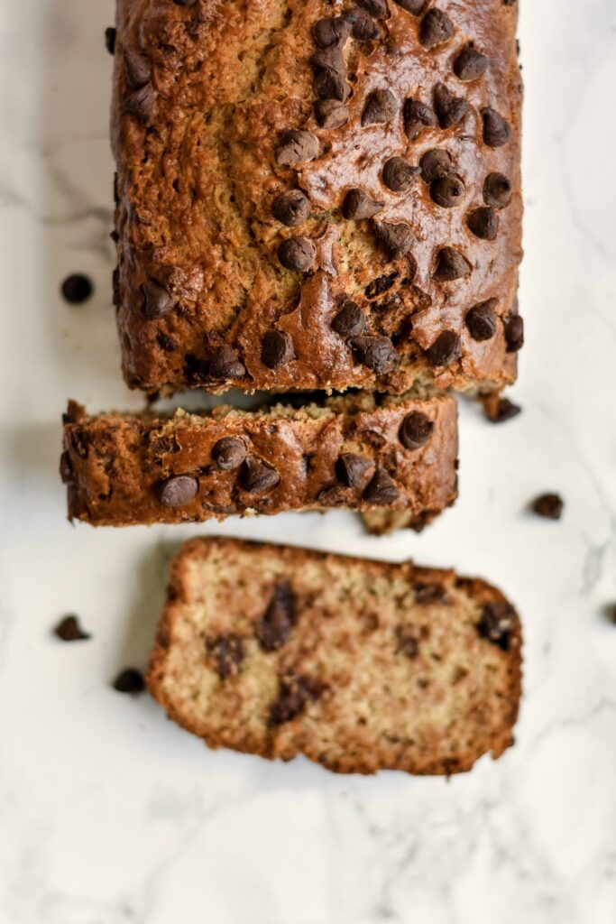 a banana loaf topped with chocolate chips