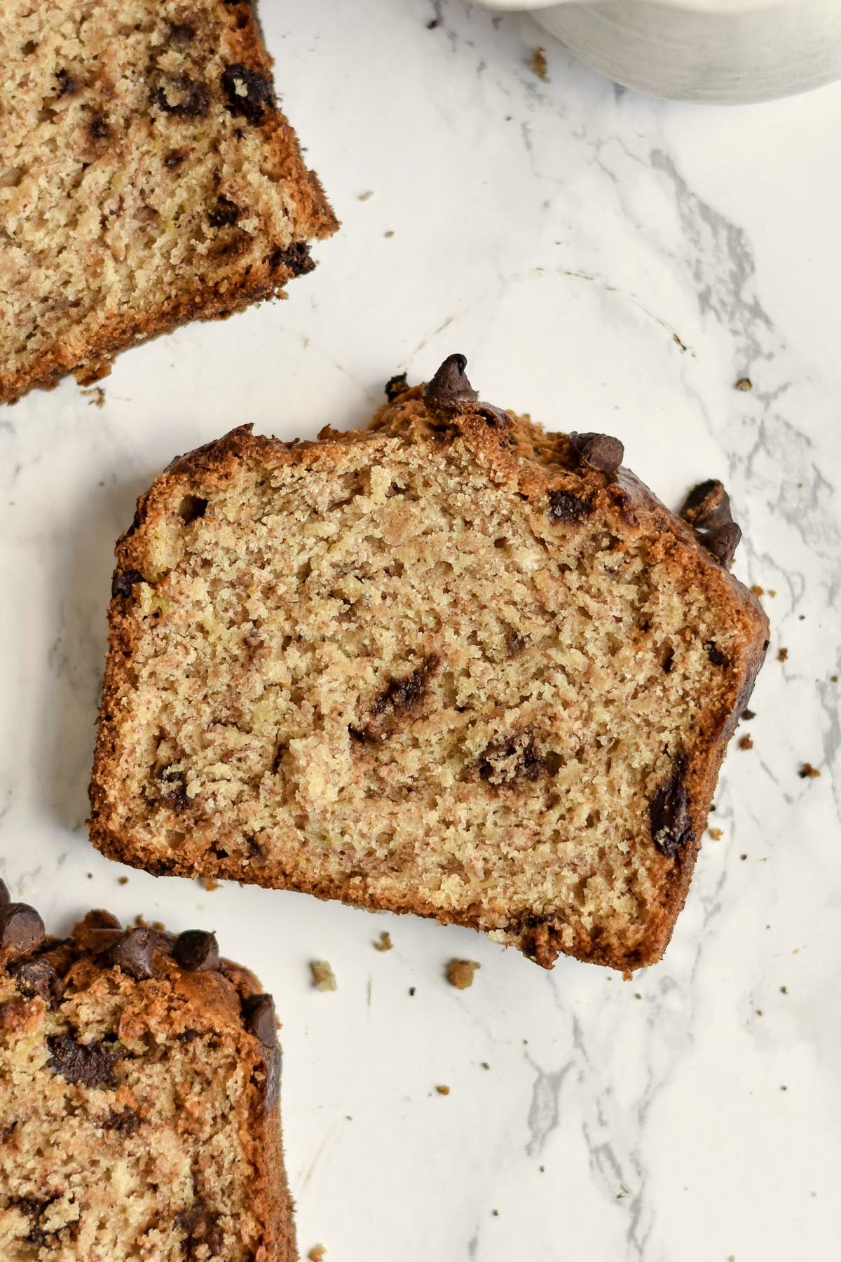 a slice of chocolate chip banana bread