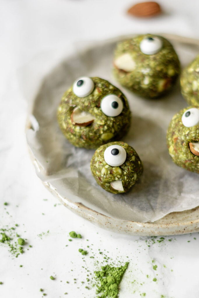 matcha energy balls with edible eyes decoration