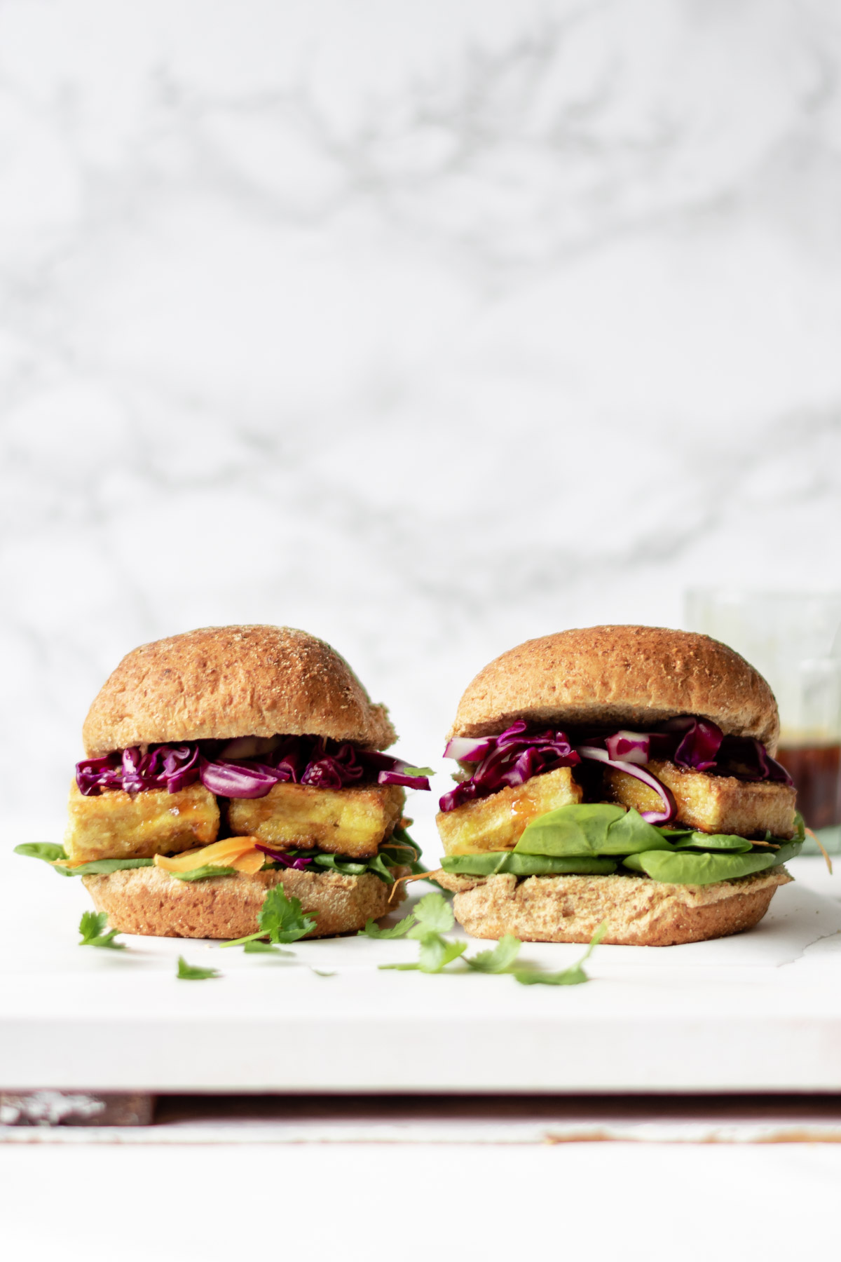 two cirspy tofu burgers with colourful vegetables