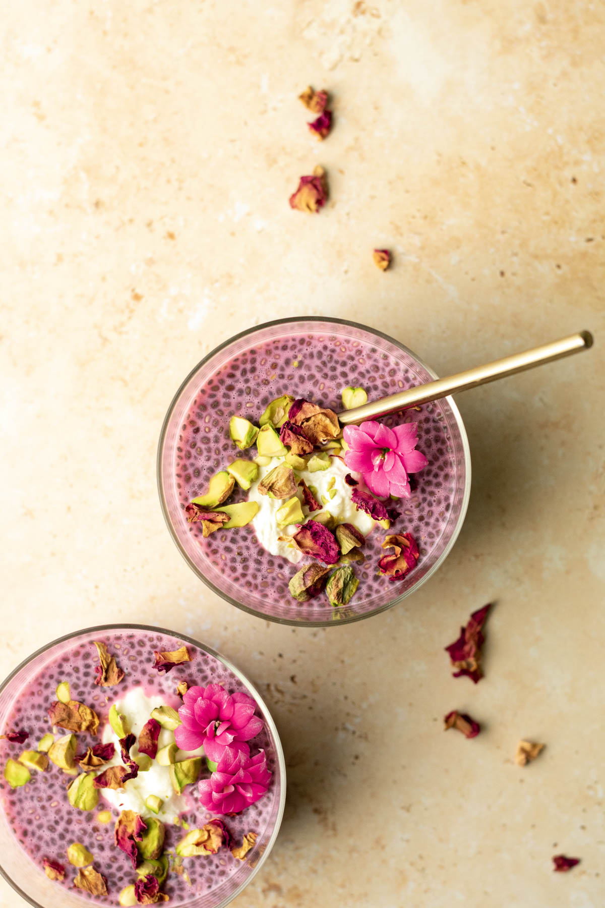 two bowls of rose chia pudding