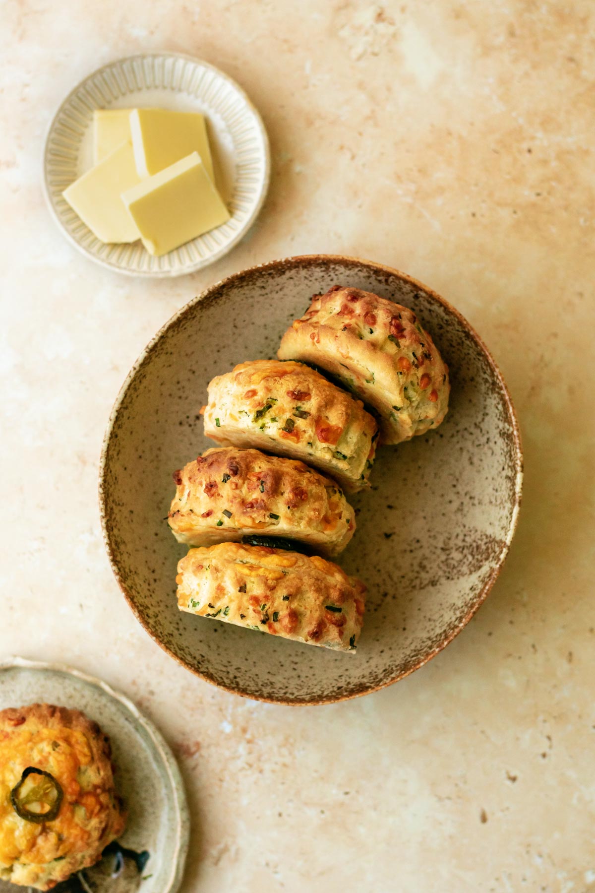 four scones stacked sideways in a bowl