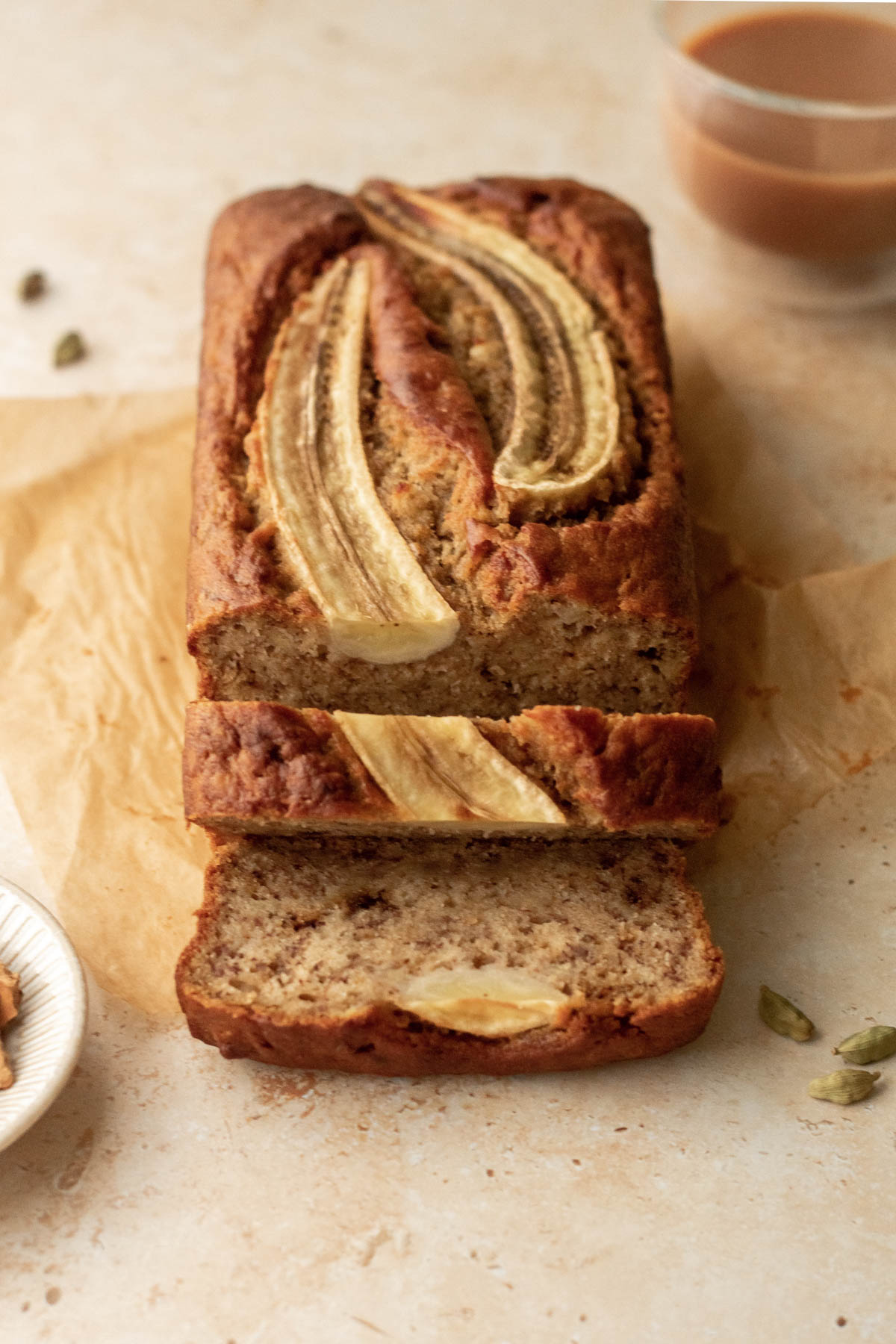 a loaf of banana bread sliced to show the interior