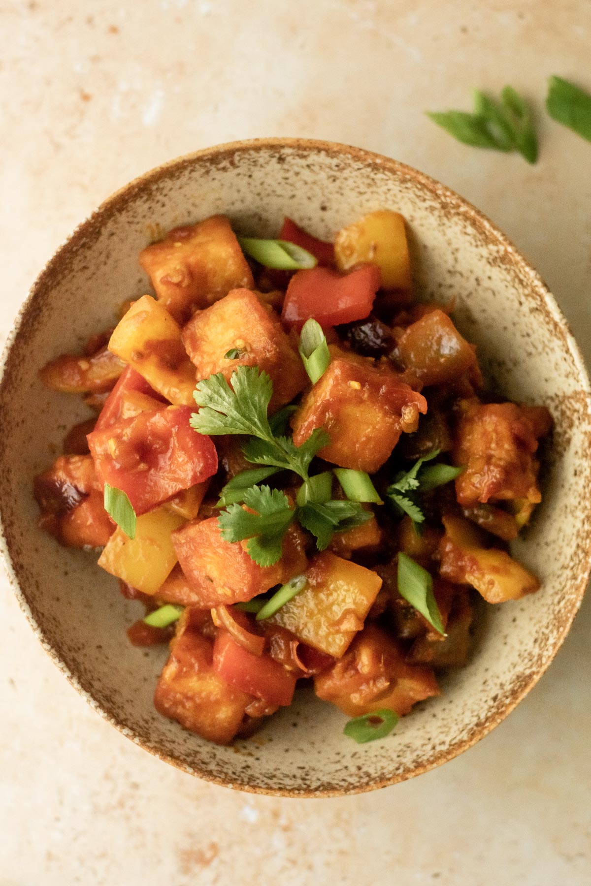 a bowl of crispy paneer and peppers tossed in tomato gravy