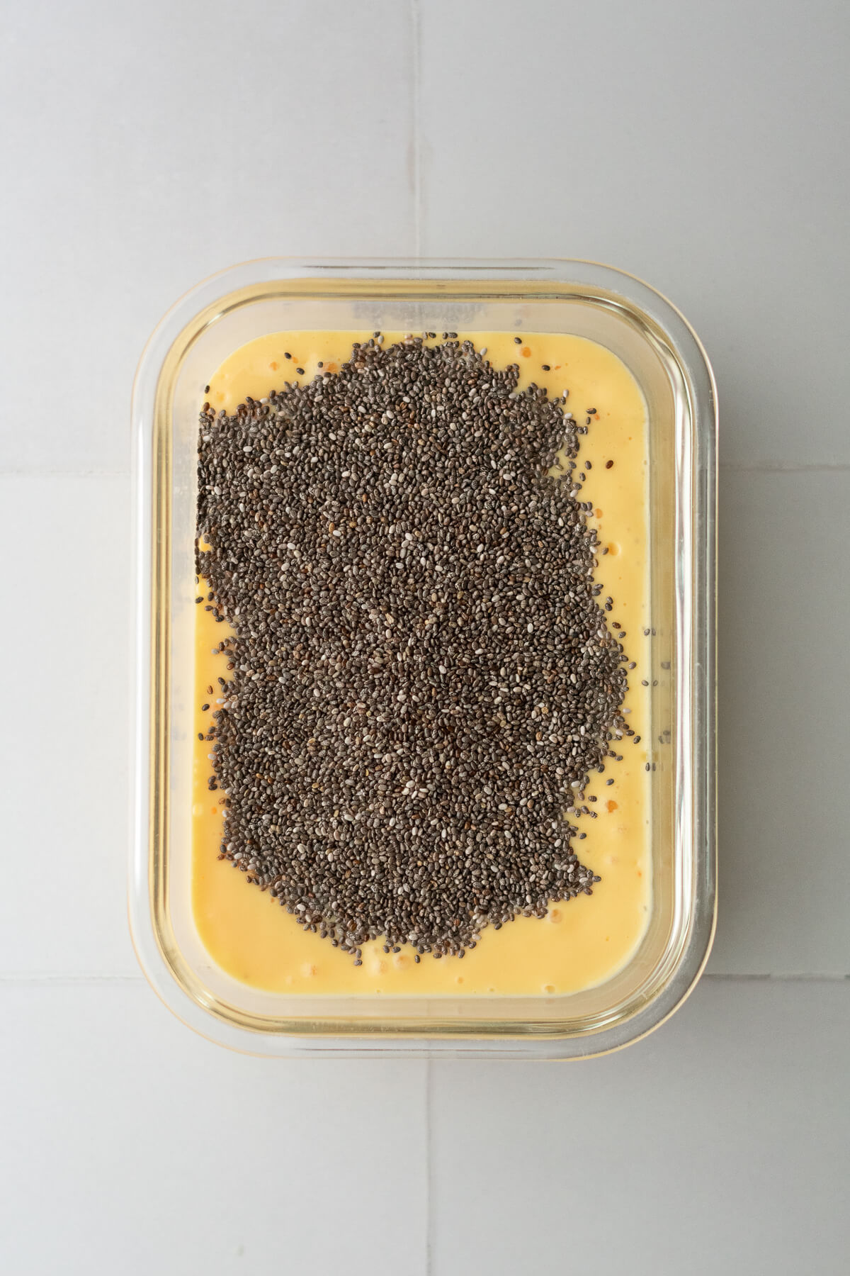 mango lassi mixture with chia seeds on top