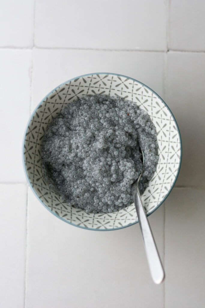 soaked, gelatinous basil seeds / sabja seeds in a bowl
