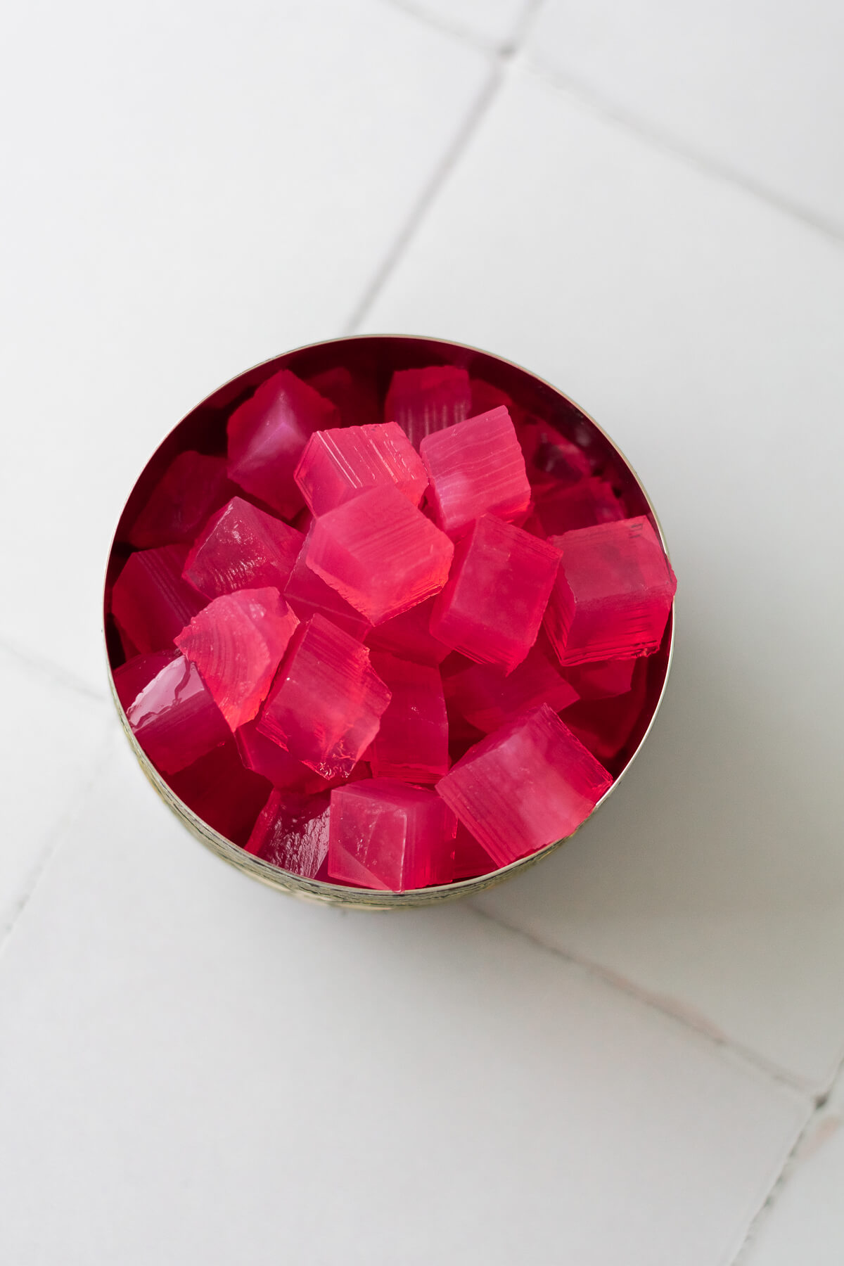 rose jelly cubes in a bowl